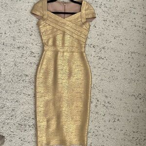 Gold Off the Shoulder Bandage Midi Dress